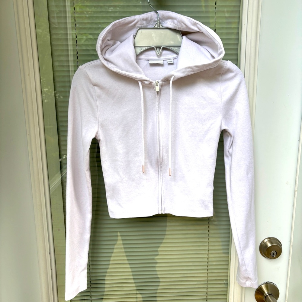 Sunday Best by Aritzia 2XS Zip Up Hoodie In Eggshell White Cotton Blend Cropped